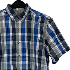 Eddie Bauer TRAVEX Men L Performance Stretch Short Sleeve Button Down Blue Plaid